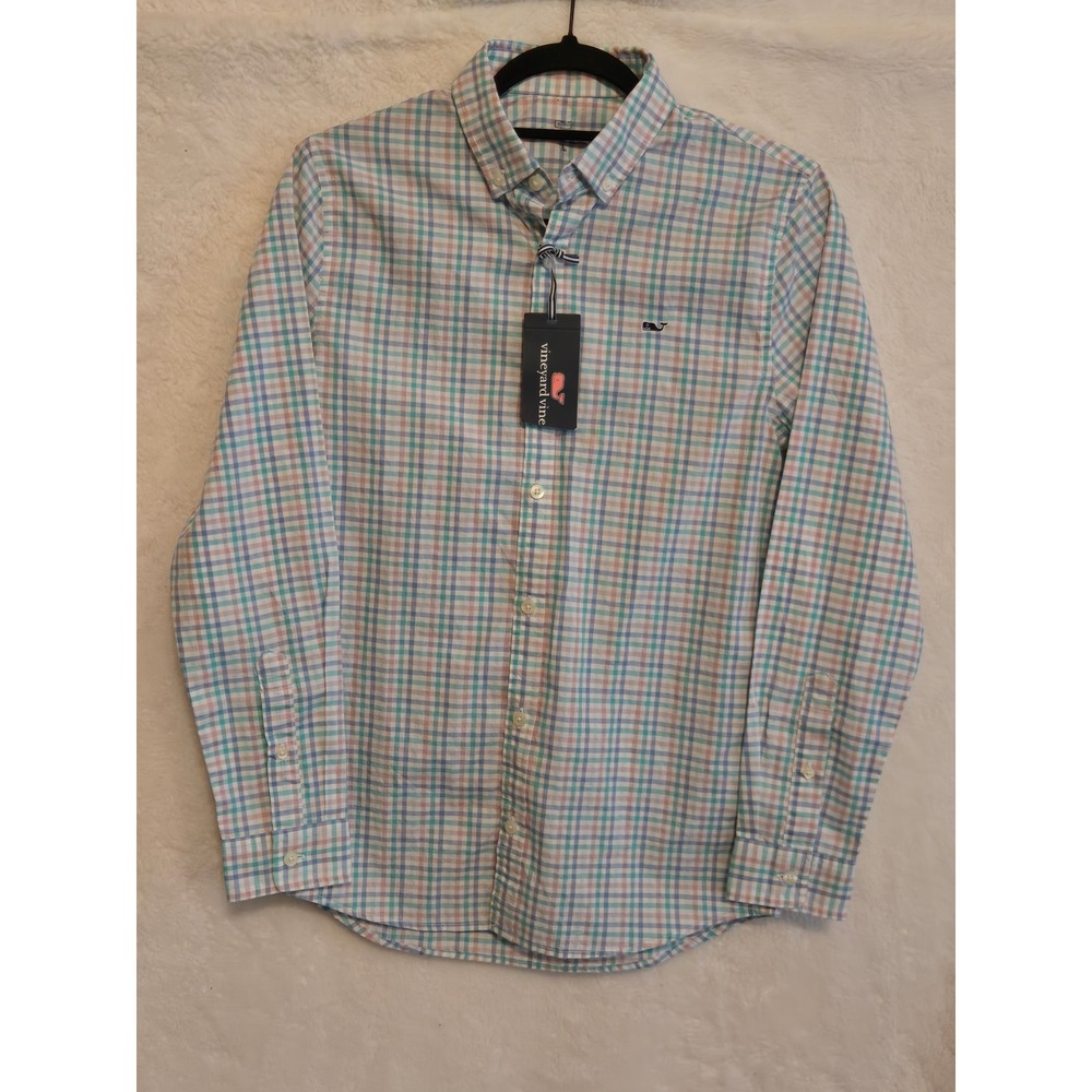 Vineyard Vines Boys L (16) Poplin Whale Shirt Dusty Bloom Plaid Button Down NEW